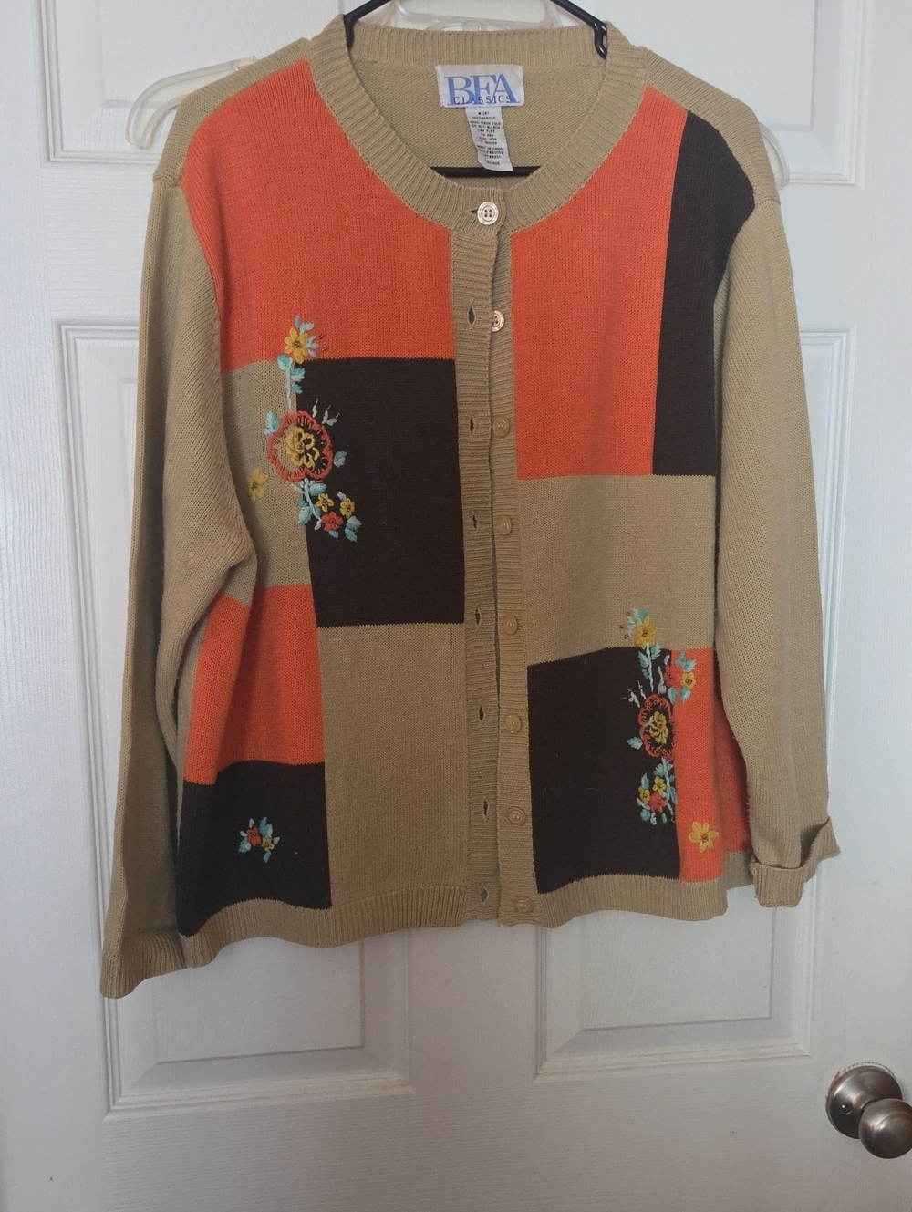 FA Colorblock Floral Embroidered Cardigan Sweater - Tan, Orange & Brown